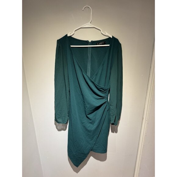 Dark Green Women’s Wrap V Neck Bodycon Mini Puff Long Sleeve Dress Ruched SZ L - Picture 3 of 7